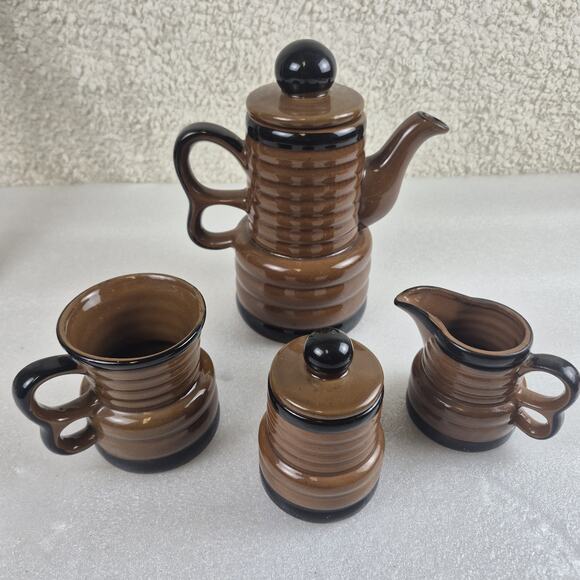 Vintage 1960s Japan Glazed Ribbed Ceramic Coffee Tea Set Pot Sugar Mug 6-Pc - Picture 3 of 12